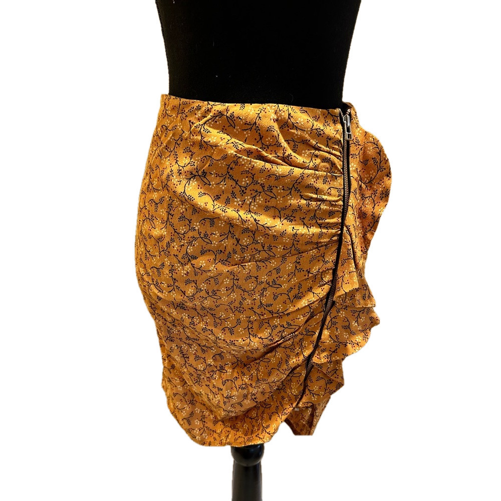 NEW VERONICA BEARD YELLOW FLORAL KNEE LENGTH SKIRT WITH SIDE RUFFLES